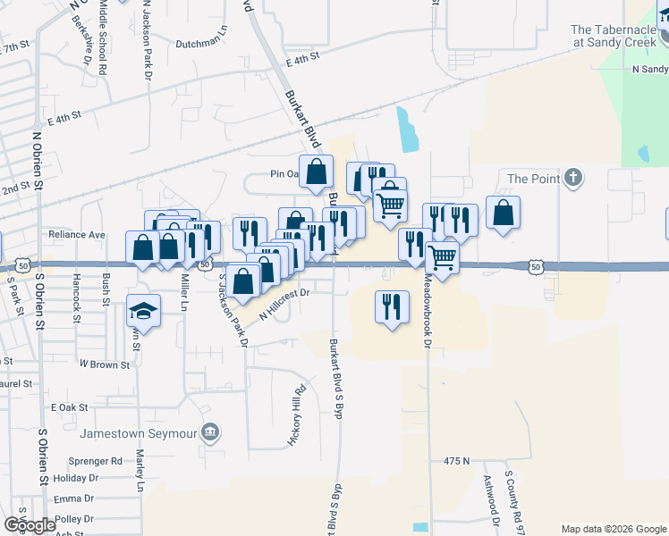 map of restaurants, bars, coffee shops, grocery stores, and more near 100 South 4th Street Road in Seymour