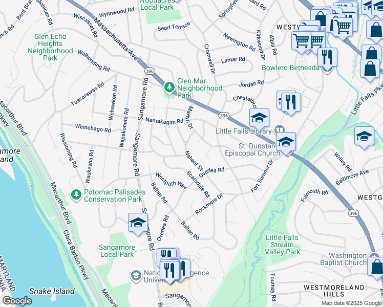 map of restaurants, bars, coffee shops, grocery stores, and more near 5201 Nahant Street in Bethesda
