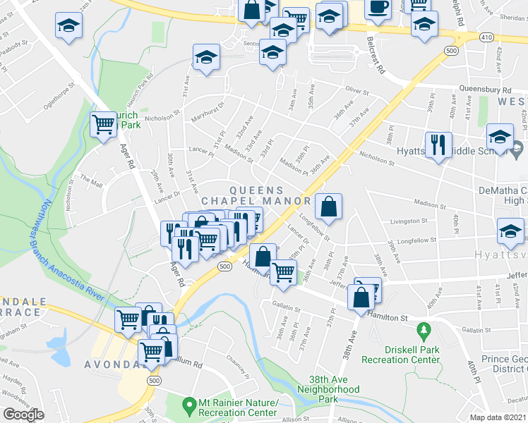 map of restaurants, bars, coffee shops, grocery stores, and more near 5620 Hamilton Manor Drive in Hyattsville