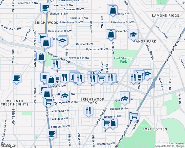 map of restaurants, bars, coffee shops, grocery stores, and more near 5611 5th Street Northwest in Washington