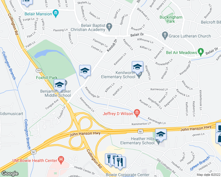 map of restaurants, bars, coffee shops, grocery stores, and more near 2509 Kittery Lane in Bowie