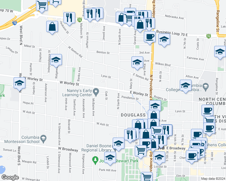 map of restaurants, bars, coffee shops, grocery stores, and more near 106 West Worley Street in Columbia