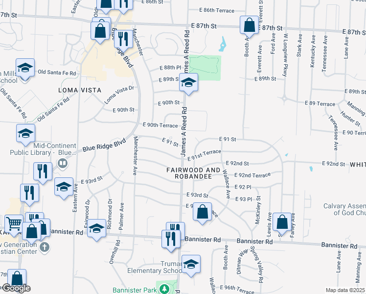map of restaurants, bars, coffee shops, grocery stores, and more near James A Reed Rd & E 91st St in Kansas City