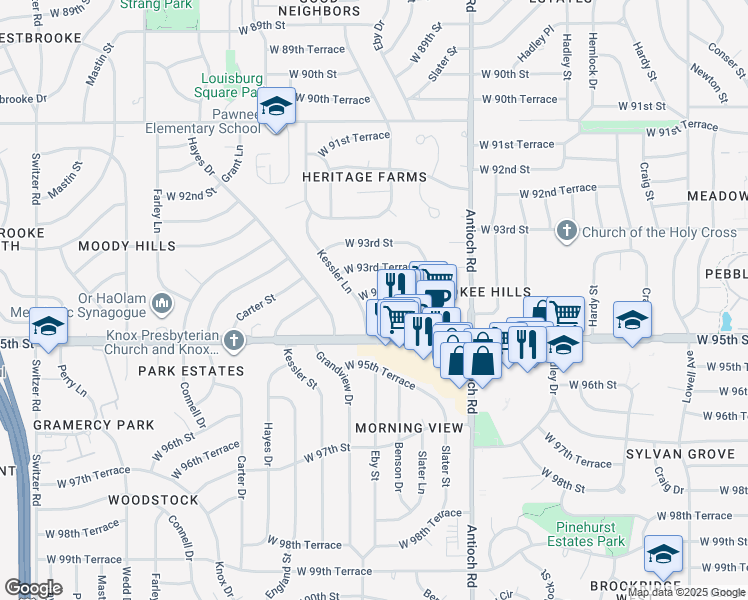 map of restaurants, bars, coffee shops, grocery stores, and more near 9001 West 94th Street in Overland Park