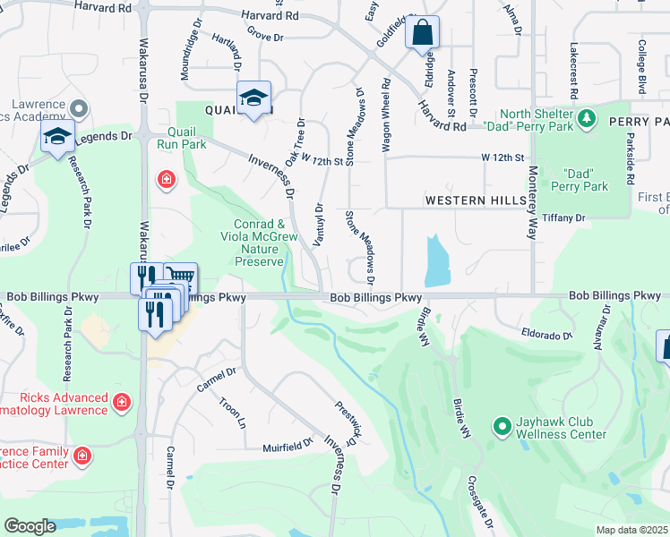 map of restaurants, bars, coffee shops, grocery stores, and more near 1416 Monterey Hill Drive in Lawrence