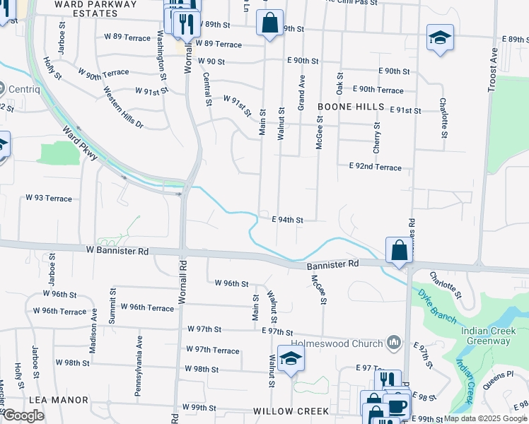 map of restaurants, bars, coffee shops, grocery stores, and more near 4 East 94th Street in Kansas City