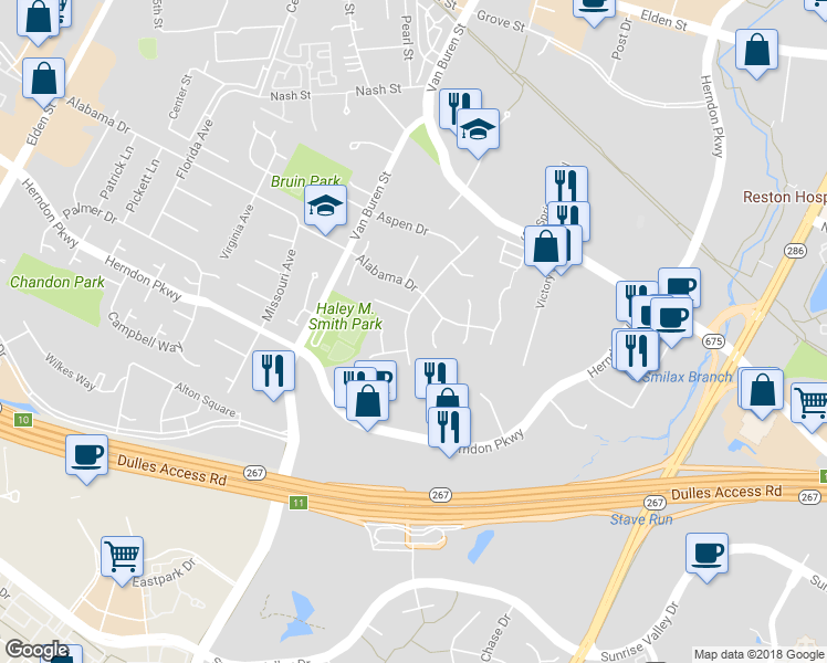 map of restaurants, bars, coffee shops, grocery stores, and more near 314 Old Dominion Avenue in Herndon