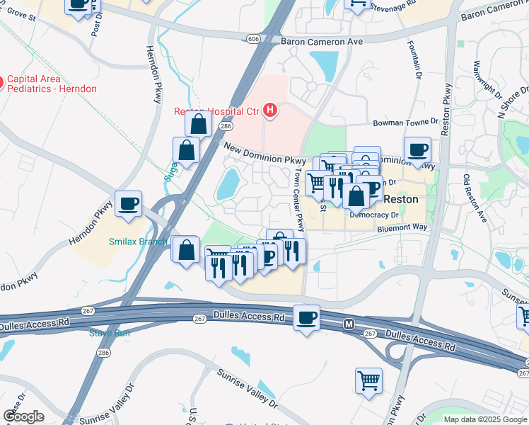 map of restaurants, bars, coffee shops, grocery stores, and more near 1867 Crescent Park Drive in Reston