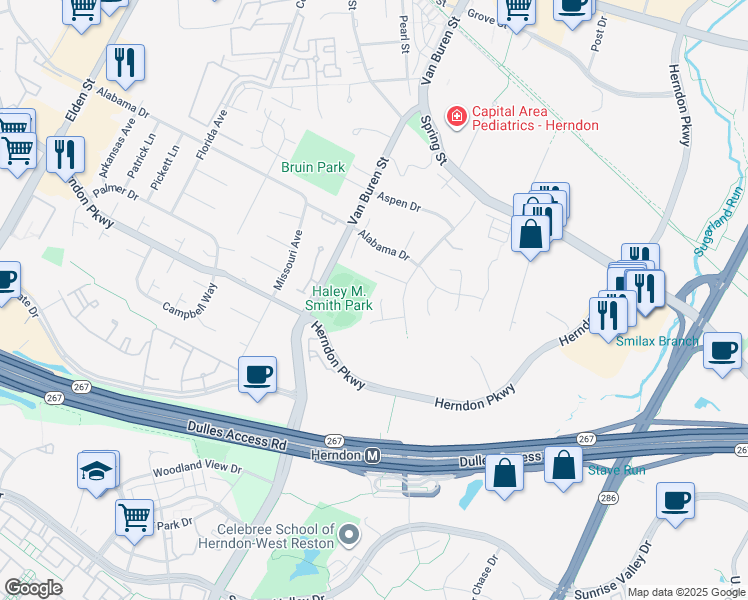 map of restaurants, bars, coffee shops, grocery stores, and more near 305 Hunt Way Court in Herndon