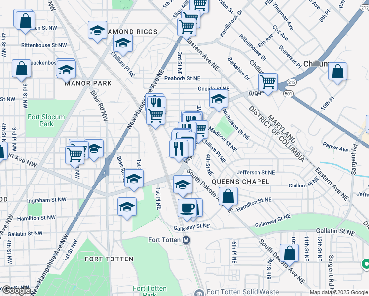 map of restaurants, bars, coffee shops, grocery stores, and more near 101 Independence Avenue Southeast in Washington