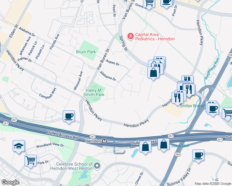 map of restaurants, bars, coffee shops, grocery stores, and more near 314 Old Dominion Avenue in Herndon