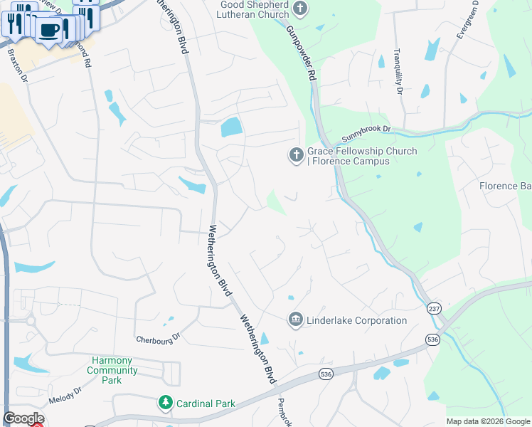 map of restaurants, bars, coffee shops, grocery stores, and more near 2419 Twelve Oaks Drive in Florence