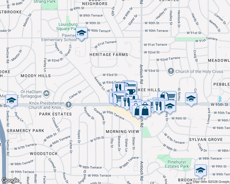 map of restaurants, bars, coffee shops, grocery stores, and more near 9001 West 94th Street in Overland Park