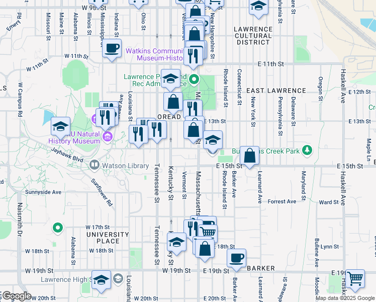 map of restaurants, bars, coffee shops, grocery stores, and more near 13 West 14th Street in Lawrence