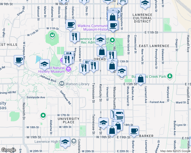 map of restaurants, bars, coffee shops, grocery stores, and more near 1403 Tennessee Street in Lawrence