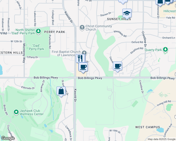 map of restaurants, bars, coffee shops, grocery stores, and more near 1403 Apple Lane in Lawrence