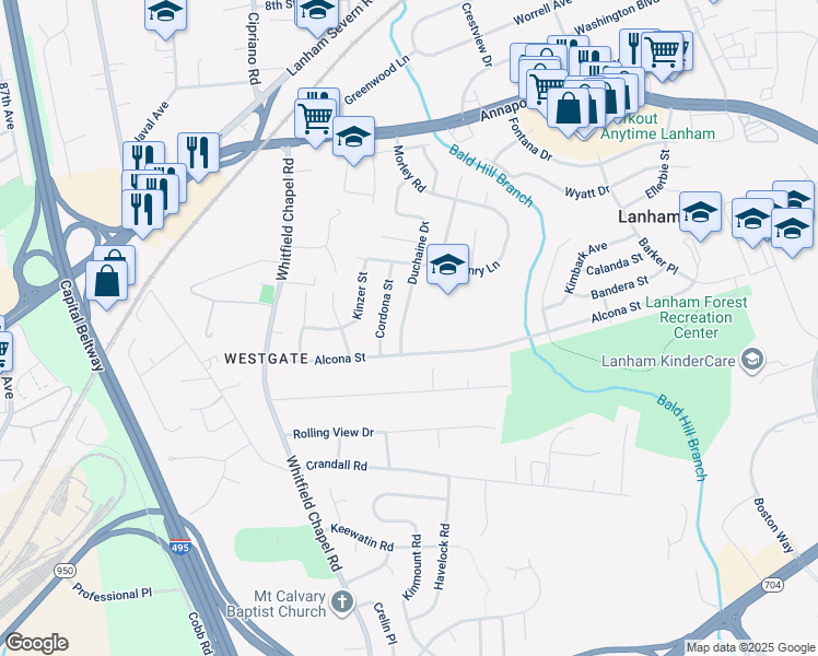 map of restaurants, bars, coffee shops, grocery stores, and more near 5507 Duchaine Drive in Lanham