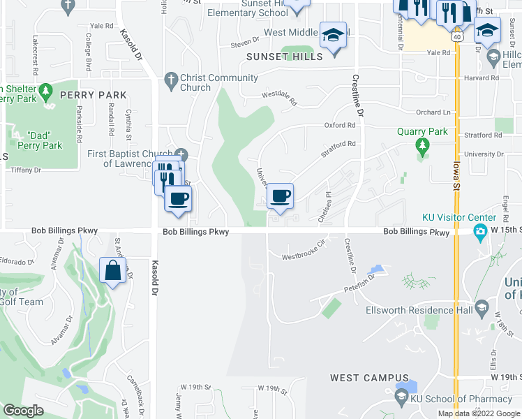 map of restaurants, bars, coffee shops, grocery stores, and more near 1346 Westbrooke Street in Lawrence