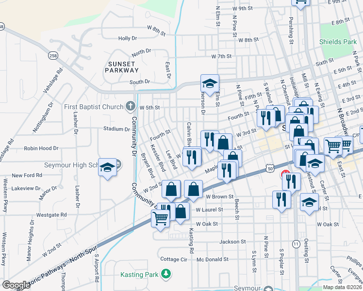 map of restaurants, bars, coffee shops, grocery stores, and more near 312 Carter Boulevard in Seymour