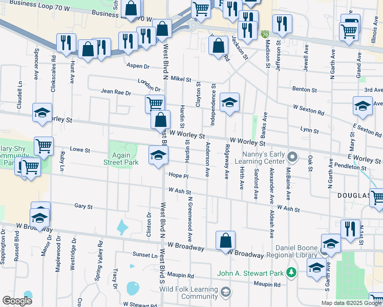 map of restaurants, bars, coffee shops, grocery stores, and more near 814 Again Street in Columbia