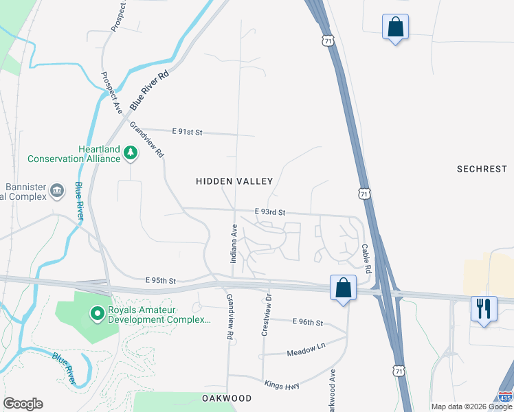 map of restaurants, bars, coffee shops, grocery stores, and more near 3412 East 93rd Street in Kansas City