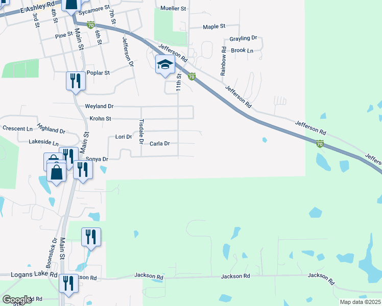 map of restaurants, bars, coffee shops, grocery stores, and more near 1113 Sonya Drive in Boonville