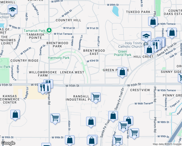 map of restaurants, bars, coffee shops, grocery stores, and more near 9418 Acuff Lane in Lenexa