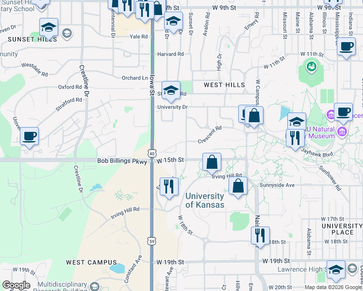 map of restaurants, bars, coffee shops, grocery stores, and more near 1401 Engel Rd in Lawrence