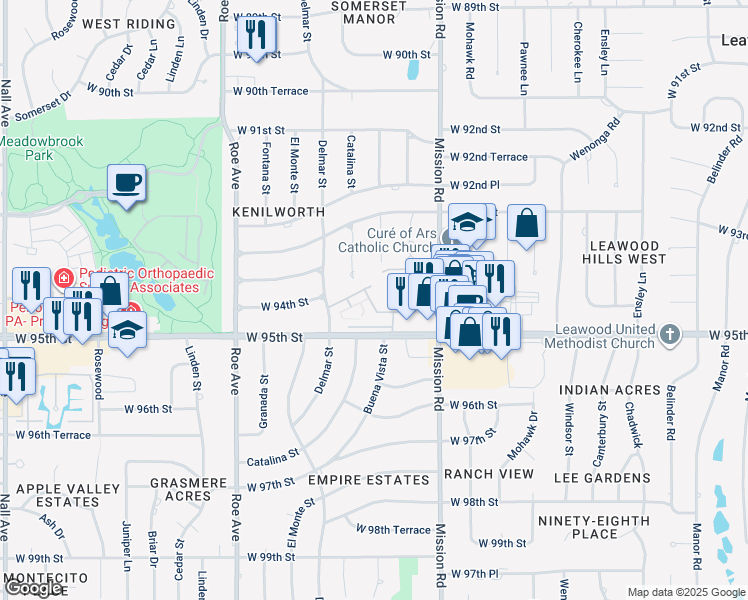 map of restaurants, bars, coffee shops, grocery stores, and more near 4120 West 94th Terrace in Prairie Village
