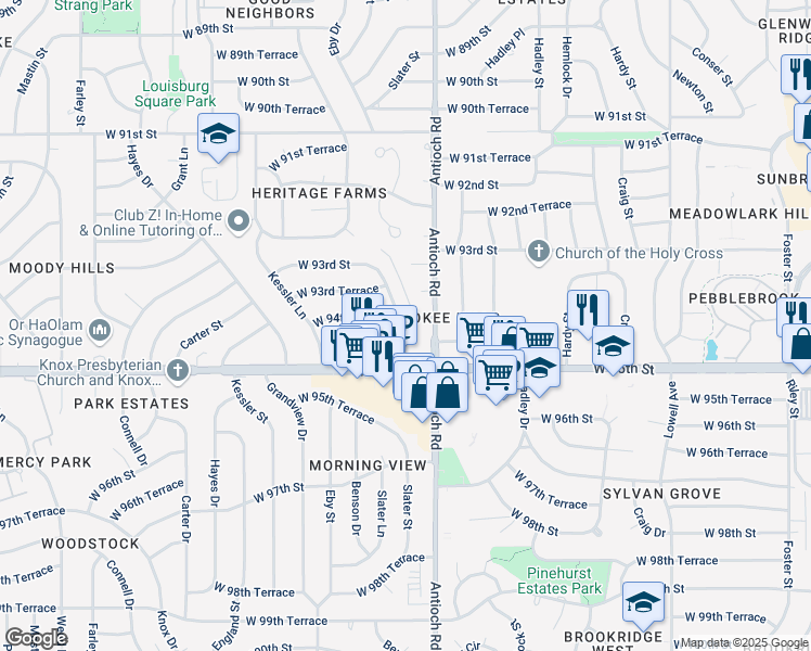 map of restaurants, bars, coffee shops, grocery stores, and more near 8709 West 94th Street in Overland Park