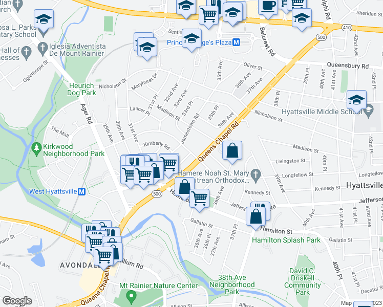 map of restaurants, bars, coffee shops, grocery stores, and more near 3342 Lancer Dr in Hyattsville