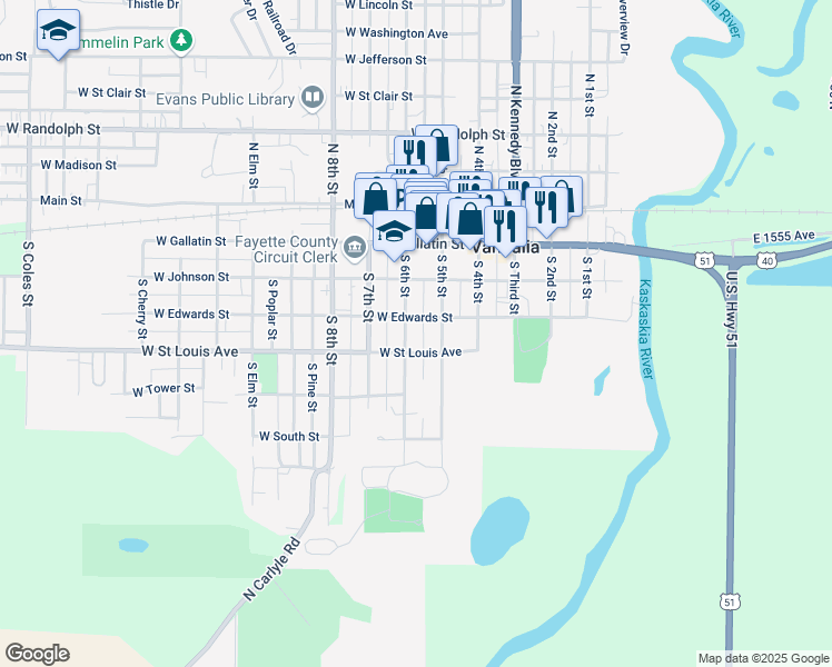 map of restaurants, bars, coffee shops, grocery stores, and more near 412 South 6th Street in Vandalia