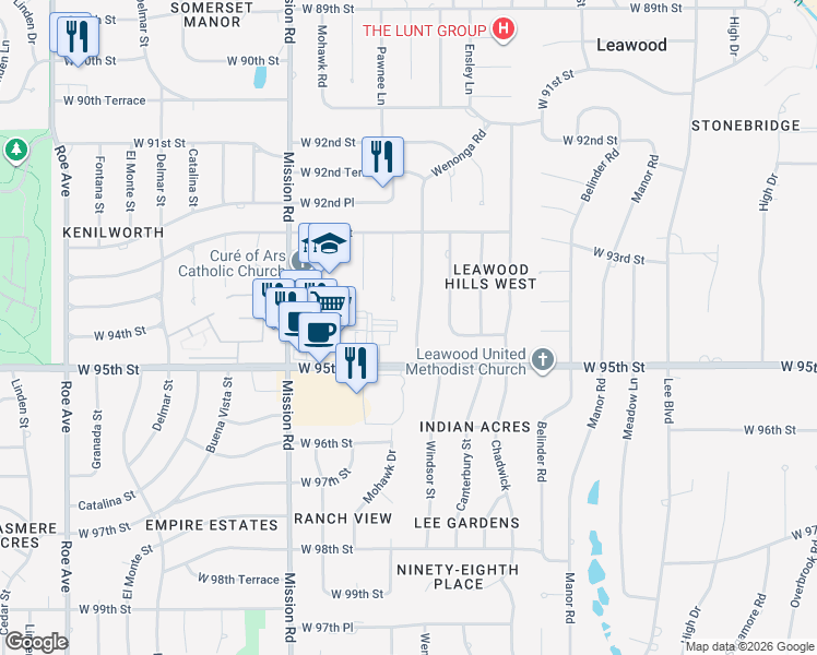 map of restaurants, bars, coffee shops, grocery stores, and more near 9416 Wenonga Rd in Leawood