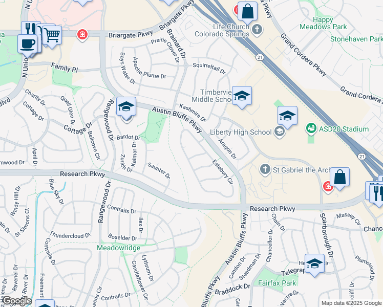 map of restaurants, bars, coffee shops, grocery stores, and more near 4420 Sagamore Drive in Colorado Springs