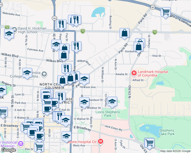 map of restaurants, bars, coffee shops, grocery stores, and more near 610 Paris Court in Columbia