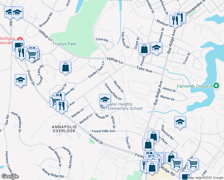 map of restaurants, bars, coffee shops, grocery stores, and more near 86 Summerfield Drive in Annapolis