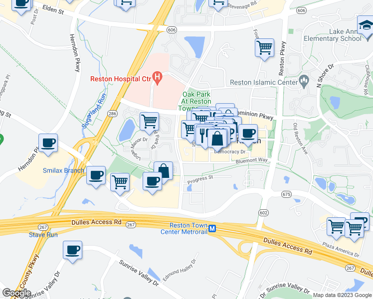 map of restaurants, bars, coffee shops, grocery stores, and more near 12001 Market Street in Reston