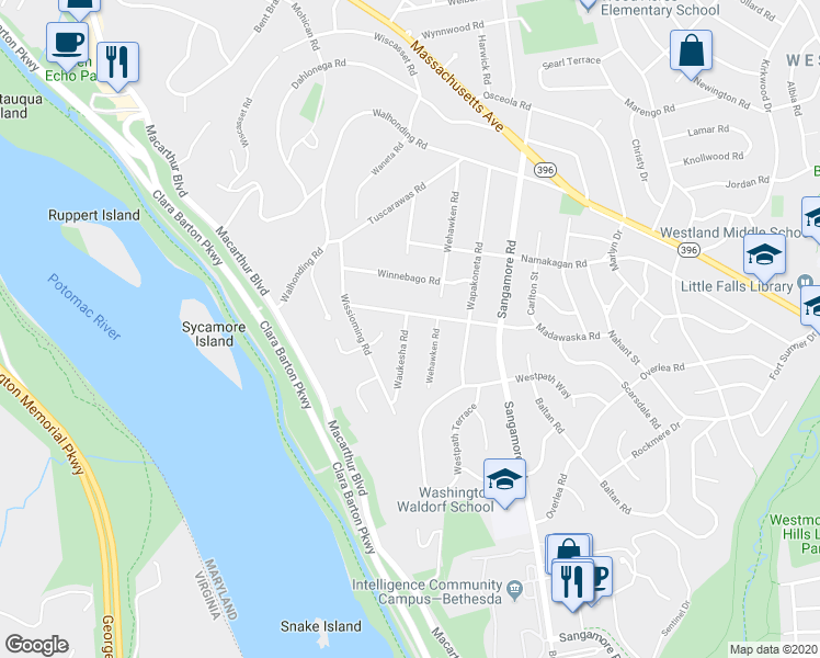 map of restaurants, bars, coffee shops, grocery stores, and more near 5131 Waukesha Road in Bethesda