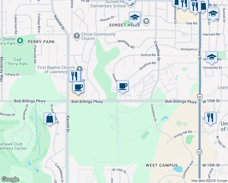 map of restaurants, bars, coffee shops, grocery stores, and more near 1346 Westbrooke Street in Lawrence