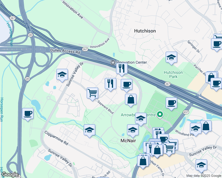 map of restaurants, bars, coffee shops, grocery stores, and more near 2323 Dulles Station Boulevard in Herndon