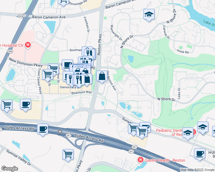 map of restaurants, bars, coffee shops, grocery stores, and more near 1851 Stratford Park Place in Reston