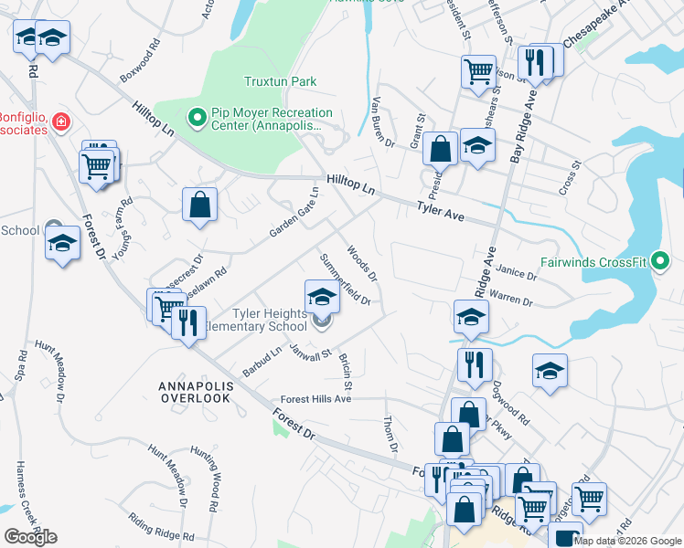 map of restaurants, bars, coffee shops, grocery stores, and more near 86 Summerfield Drive in Annapolis