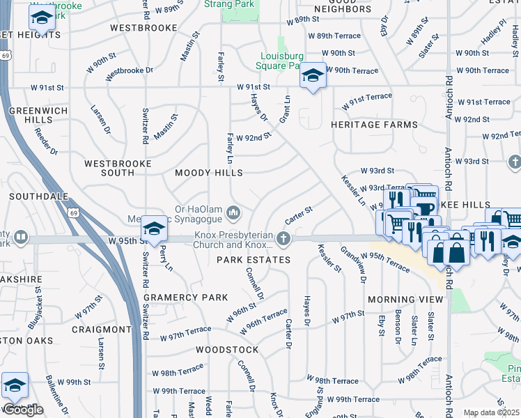map of restaurants, bars, coffee shops, grocery stores, and more near 9445 Connell Drive in Overland Park