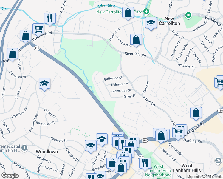 map of restaurants, bars, coffee shops, grocery stores, and more near 7202 Powhatan Street in Lanham