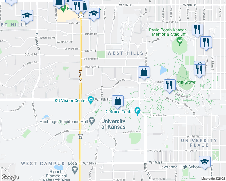 map of restaurants, bars, coffee shops, grocery stores, and more near 1605 Crescent Road in Lawrence