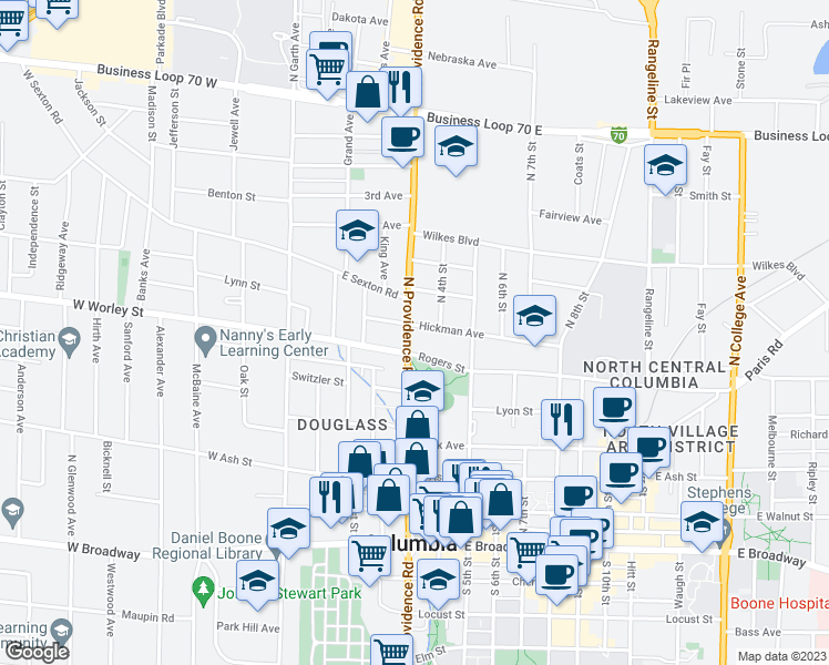 map of restaurants, bars, coffee shops, grocery stores, and more near 300 Hickman Avenue in Columbia