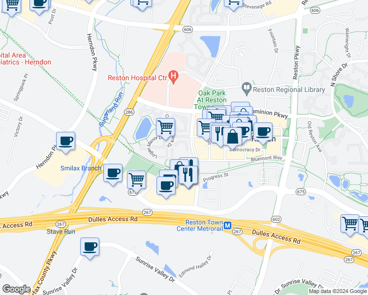 map of restaurants, bars, coffee shops, grocery stores, and more near 12077 Kinsley Place in Reston