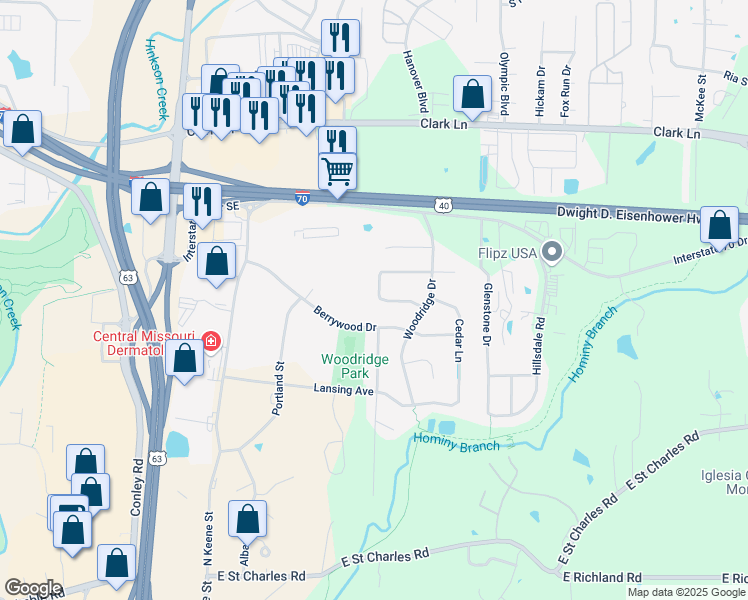 map of restaurants, bars, coffee shops, grocery stores, and more near 3621 Evergreen Lane in Columbia