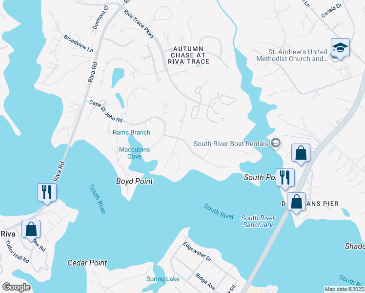 map of restaurants, bars, coffee shops, grocery stores, and more near 251 Cape Saint John Road in Annapolis