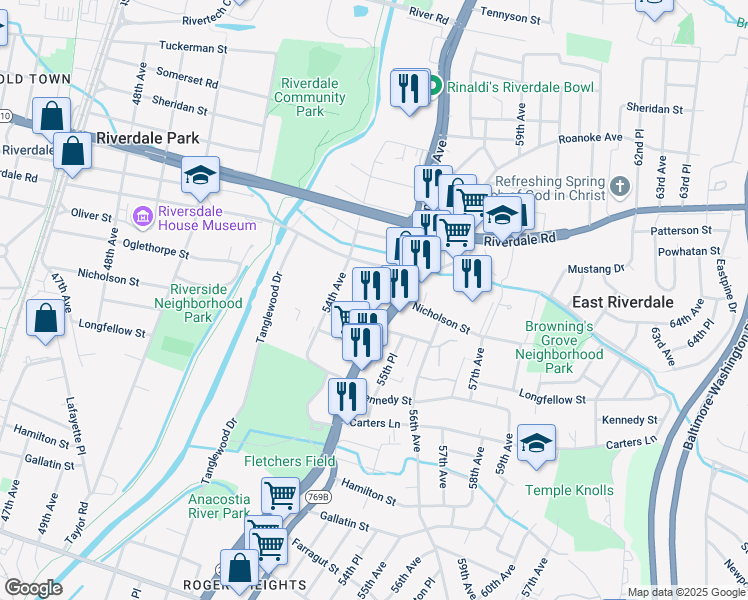map of restaurants, bars, coffee shops, grocery stores, and more near 5552 Kenilworth Avenue in Riverdale Park